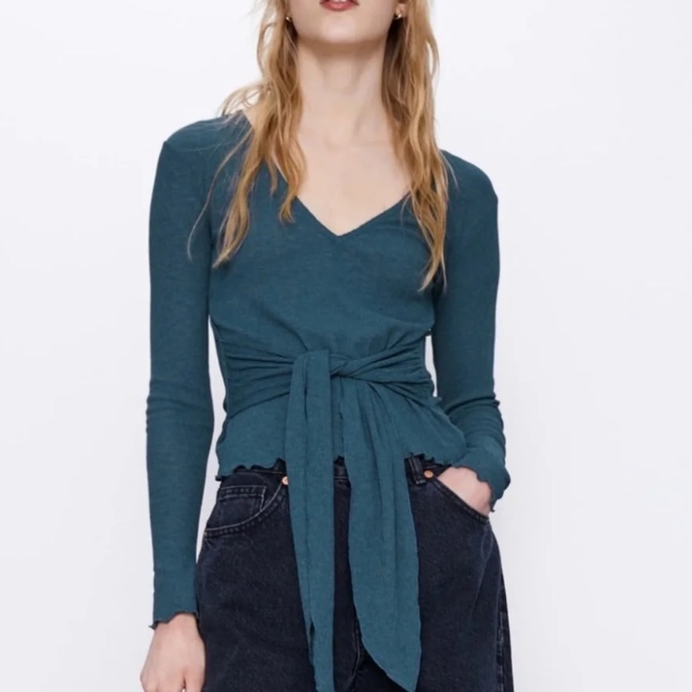 ZARA teal blue green tie front long sleeve blouse size small